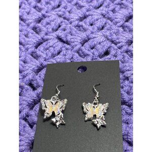 Silvertone Butterfly Dangle Earrings Iridescent Plastic Clear Rhinestones 1 inch